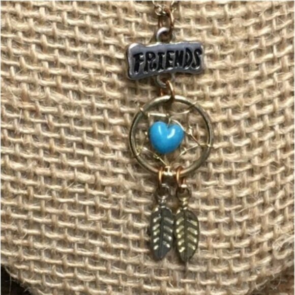 Claires FRIENDS Dreamcatcher Feathers Necklace 16 In Silver Gold Turquoise Heart - Picture 1 of 8